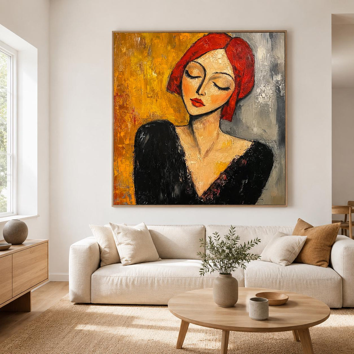 Red Hair Woman Portrait Wall Art Modigliani Style Abstract Canvas for Living Room