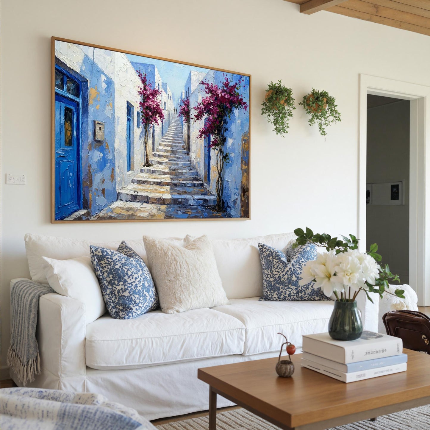Handmade Acrylic - Mediterranean Wall Decor - Blue White Bougainvillea Home Housewarming Gift – Blue and White Abstract 3D Te