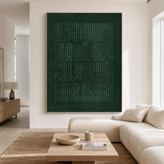 Large Dark Green Abstract Wall Art Textured Wabi Sabi Canvas for Living Room Decor