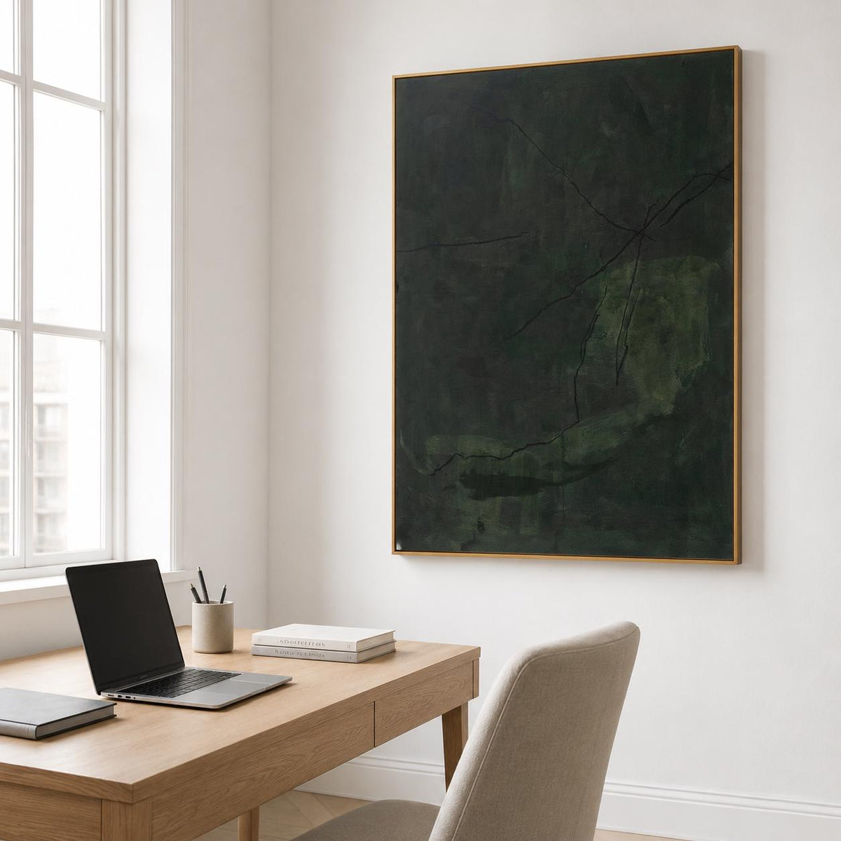 Large Dark Green Abstract Wall Art Wabi Sabi Canvas Painting for Living Room Decor
