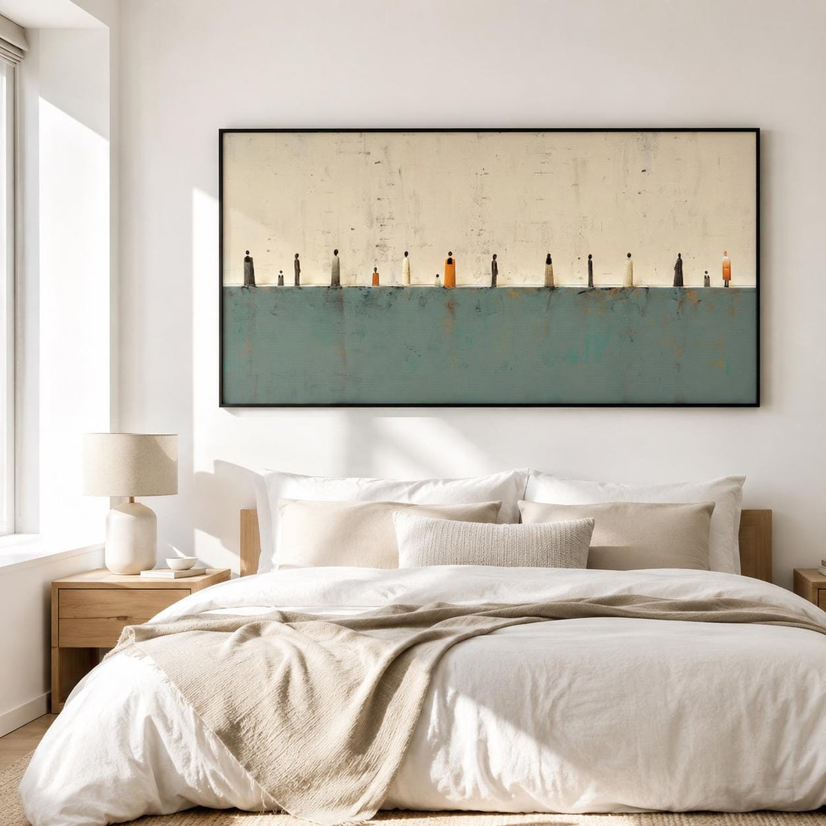 Teal Beige Gallery Wall Art Minimalist Tiny Figures Canvas for Living Room Decor