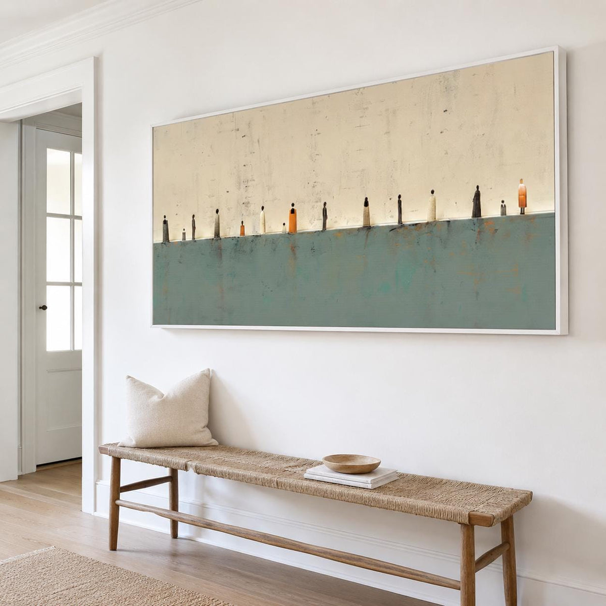 Teal Beige Gallery Wall Art Minimalist Tiny Figures Canvas for Living Room Decor