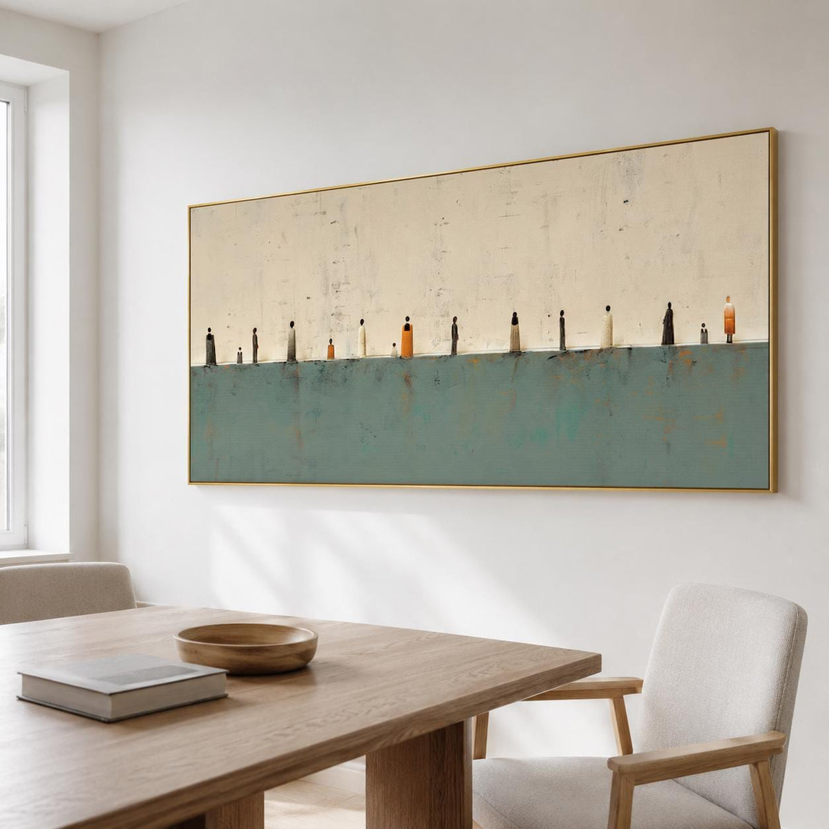 Teal Beige Gallery Wall Art Minimalist Tiny Figures Canvas for Living Room Decor