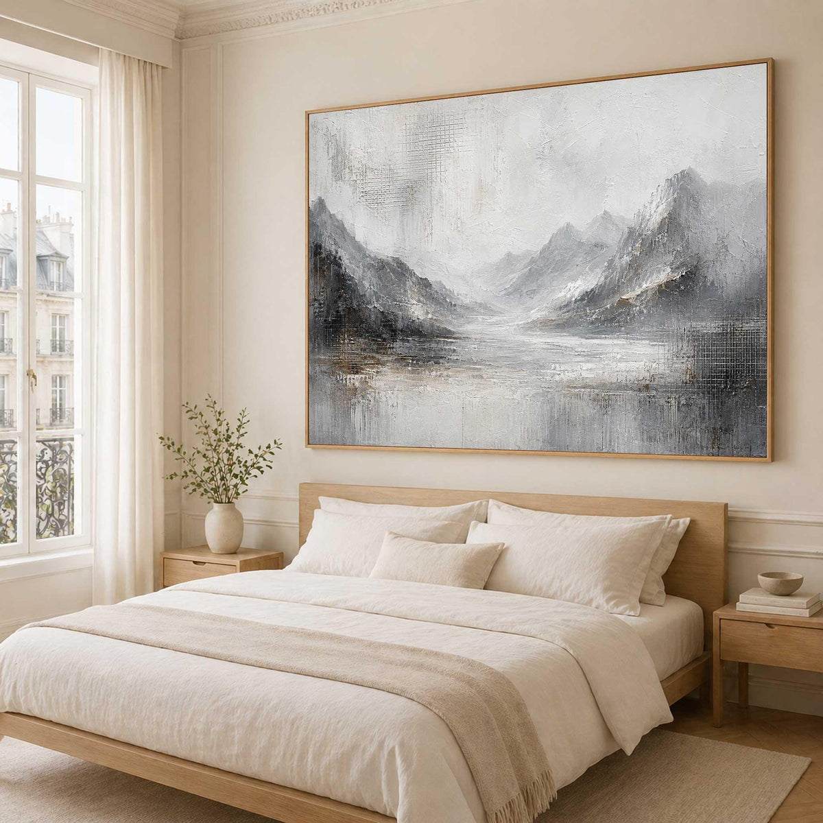 May include: A large rectangular landscape painting featuring a mountain range and a body of water in shades of gray, white, and muted brown. The artwork has a textured, abstract style with visible brushstrokes and is framed in a light wood frame.