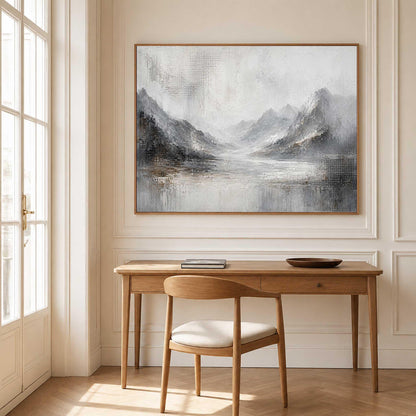 May include: A rectangular wall art piece featuring an abstract landscape painting in shades of gray, white, and charcoal. The artwork depicts textured mountain peaks and a calm body of water with visible brushstrokes and a layered, atmospheric effect.