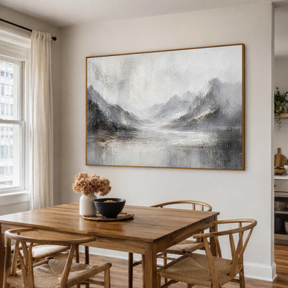 May include: A large rectangular landscape painting featuring a mountain range and a body of water in shades of gray, white, and black. The artwork displays textured brushstrokes and a muted color palette, framed in a thin gold-toned border.