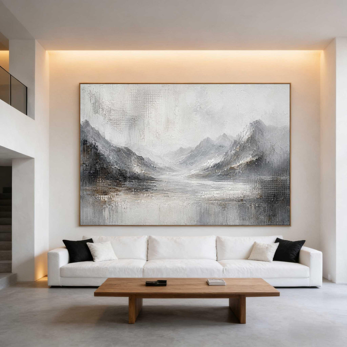 May include: A large rectangular wall art piece featuring an abstract landscape painting in shades of gray, white, and black. The artwork depicts textured mountain ranges and a central valley area with visible brushstrokes and a layered paint application.
