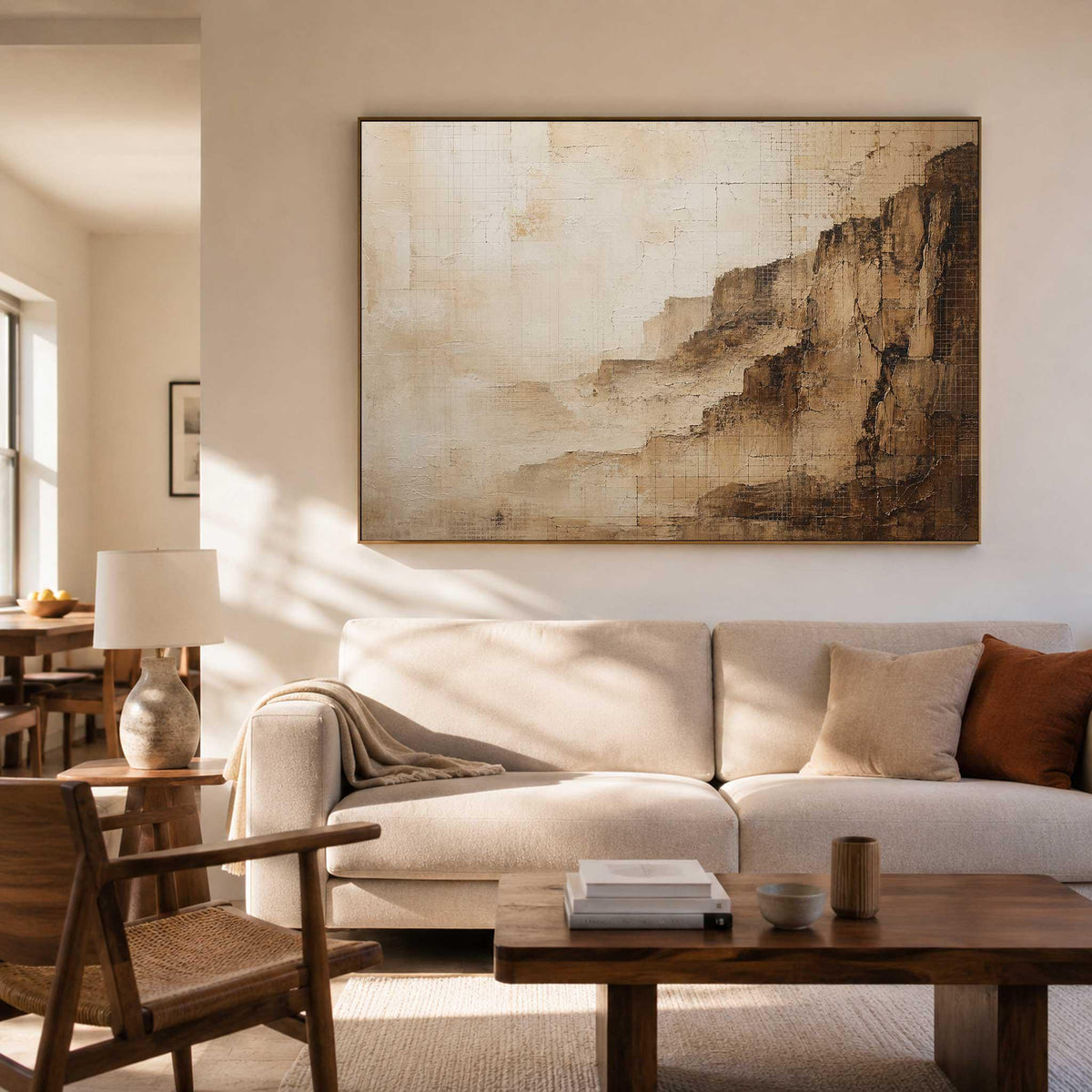 May include: A large rectangular wall art piece featuring an abstract landscape in shades of beige, cream, and dark brown. The painting displays textured, layered rock formations with a grid-like pattern overlaid on the surface, creating depth.