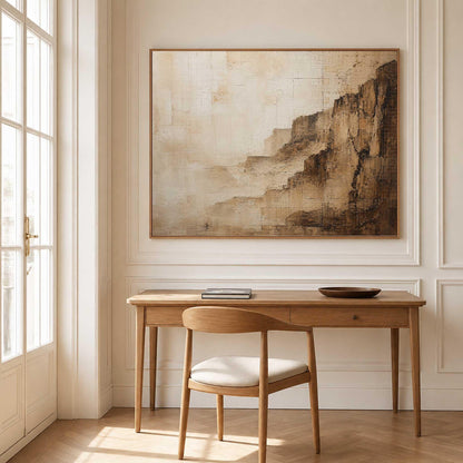 May include: A large rectangular wall art piece featuring an abstract landscape in shades of beige, cream, and dark brown. The painting depicts layered rock formations with textured brushstrokes and fine grid lines, mounted above a wooden desk.