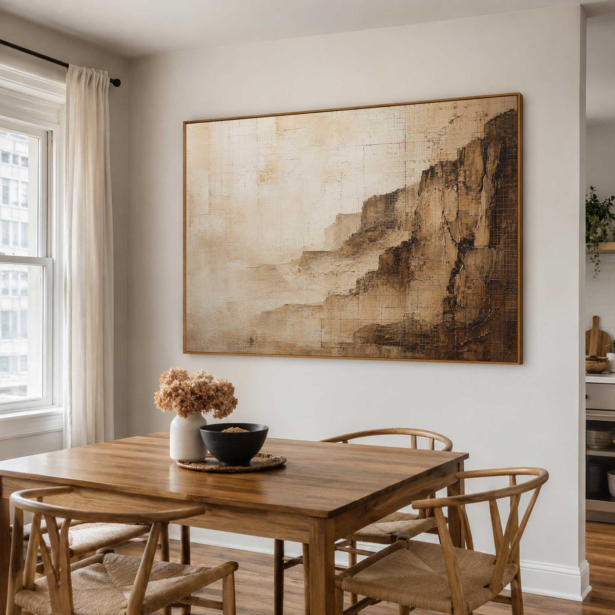 May include: A large rectangular wall art piece featuring an abstract landscape in shades of beige, cream, and dark brown. The painting displays textured, layered brushstrokes that suggest a rocky cliffside or canyon formation with a grid pattern.
