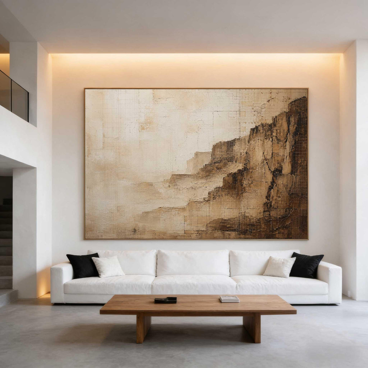 May include: A large rectangular wall art piece featuring an abstract landscape in shades of beige, cream, and dark brown. The artwork displays textured, layered horizontal forms resembling cliffs or rock formations with a subtle grid pattern overlay.