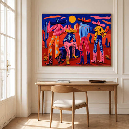 Colorful Western Cowboy Wall Art Desert Figures Canvas Painting for Modern Living Room Decor