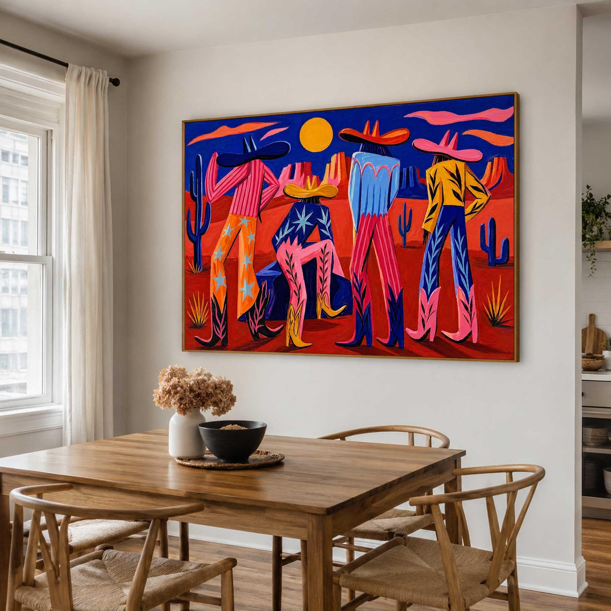 Colorful Western Cowboy Wall Art Desert Figures Canvas Painting for Modern Living Room Decor