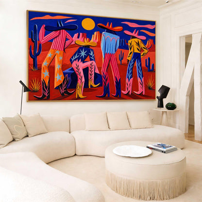 Colorful Western Cowboy Wall Art Desert Figures Canvas Painting for Modern Living Room Decor