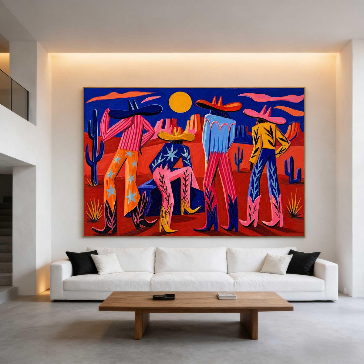 Colorful Western Cowboy Wall Art Desert Figures Canvas Painting for Modern Living Room Decor
