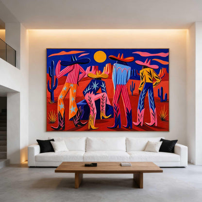 Colorful Western Cowboy Wall Art Desert Figures Canvas Painting for Modern Living Room Decor