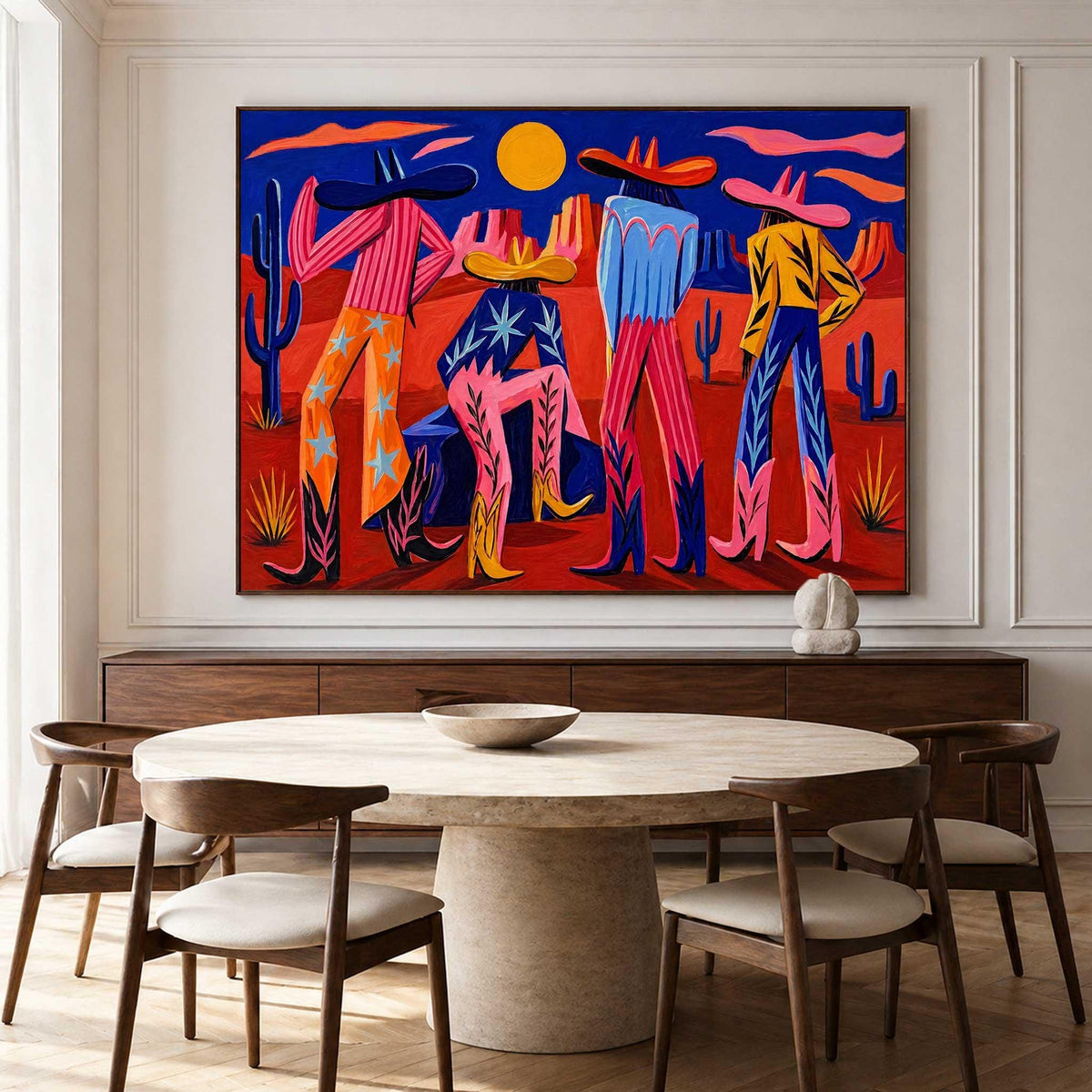 Colorful Western Cowboy Wall Art Desert Figures Canvas Painting for Modern Living Room Decor