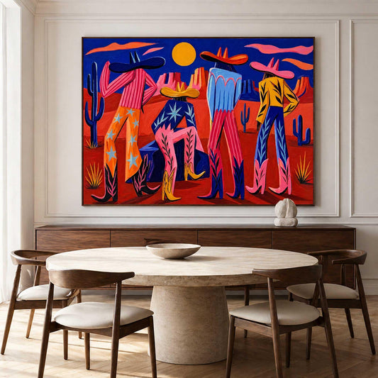 Colorful Western Cowboy Wall Art Desert Figures Canvas Painting for Modern Living Room Decor