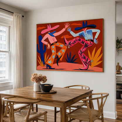 Cowboy Couple Wall Art Red Western Style Canvas Painting for Eclectic Living Room Decor