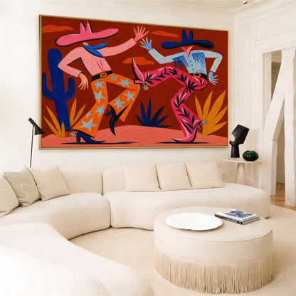 Cowboy Couple Wall Art Red Western Style Canvas Painting for Eclectic Living Room Decor