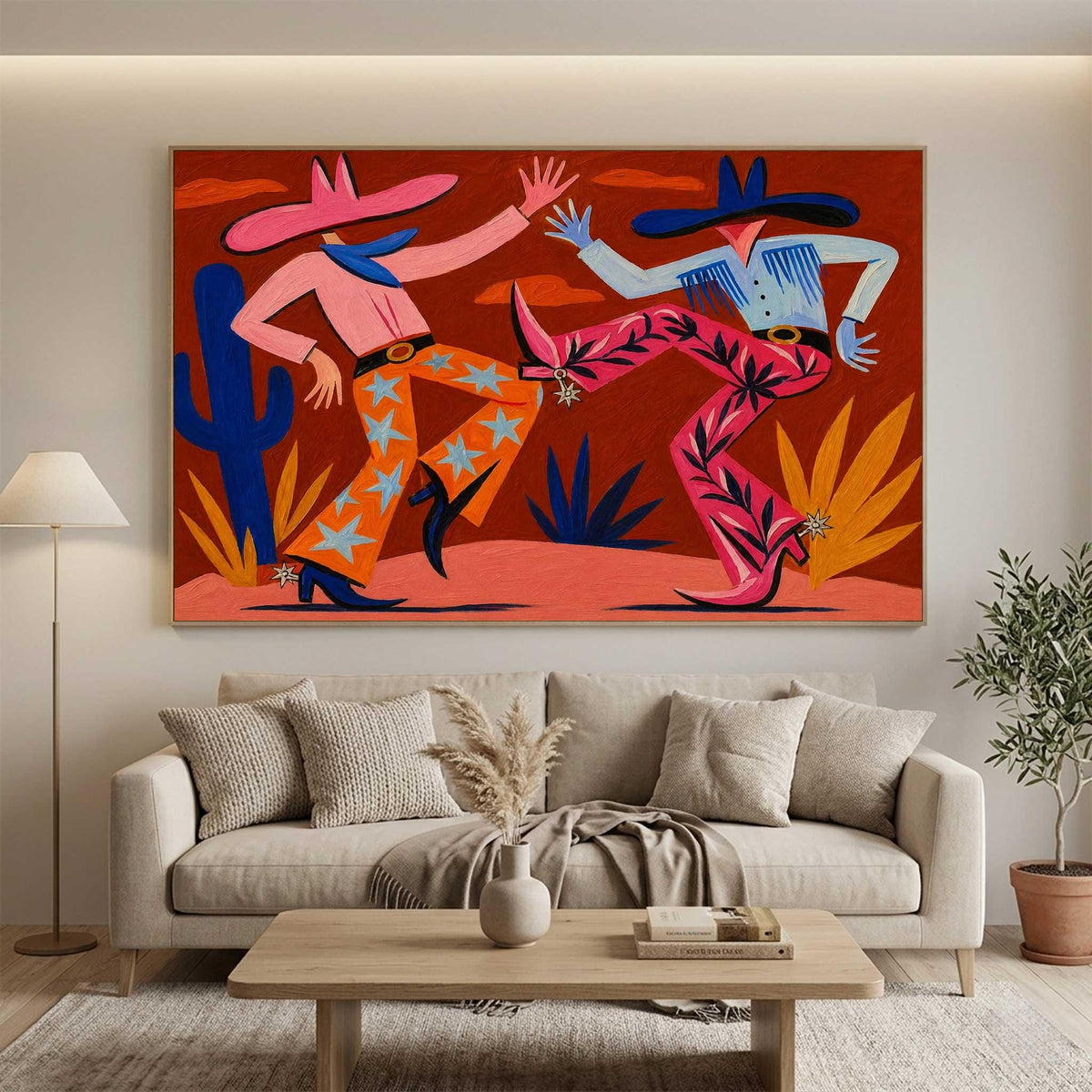 Cowboy Couple Wall Art Red Western Style Canvas Painting for Eclectic Living Room Decor