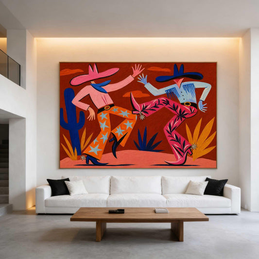 Cowboy Couple Wall Art Red Western Style Canvas Painting for Eclectic Living Room Decor