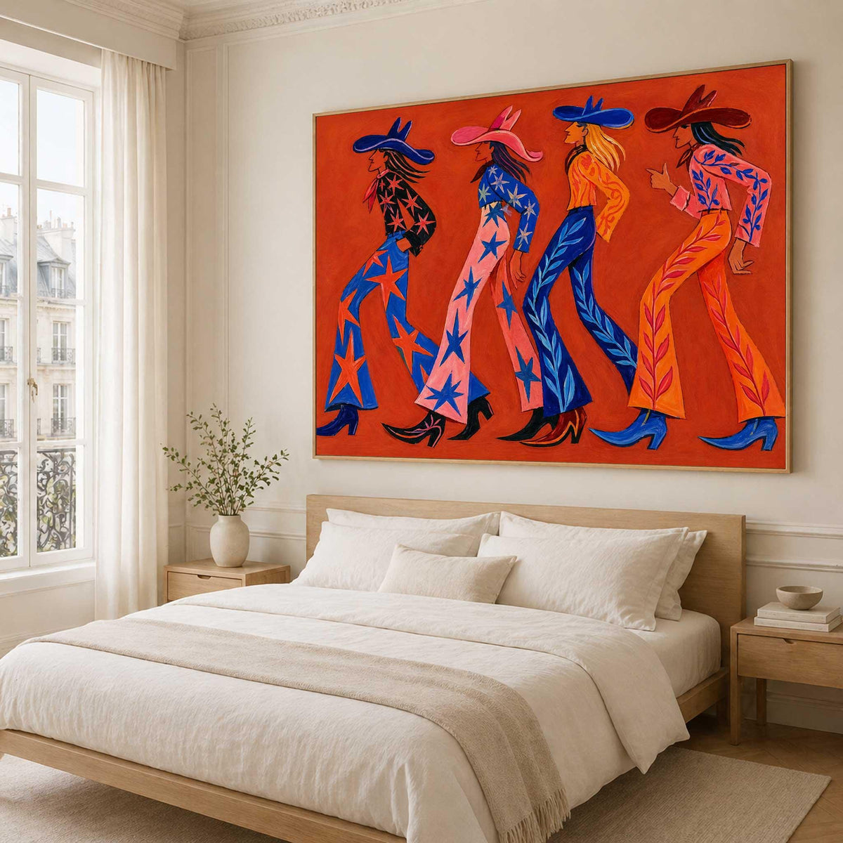 May include: A large rectangular wall art piece featuring a vibrant orange background with four stylized figures wearing cowboy hats and boots. The figures are depicted in profile, walking in a line, dressed in colorful patterned shirts and flared pants.