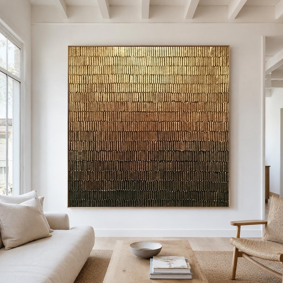 Golden Brown Gradient Wall Art Textured Line Abstract Painting for Modern Living Room Decor