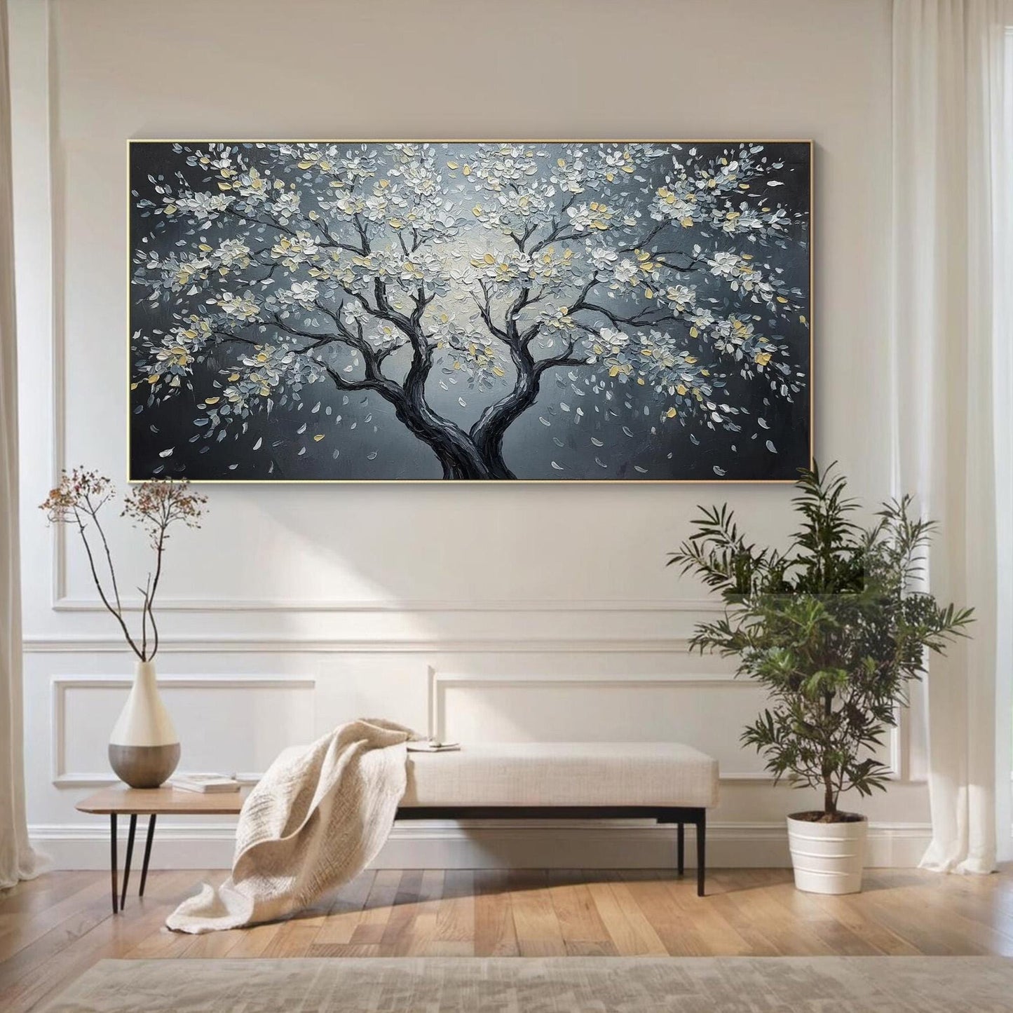 Gold and Black Impasto Floral Wall Art – Moonlit Blossom Canvas - Elegant Wall Art - Handmade Acrylic - Luxury Home Decor Anniversary Gift