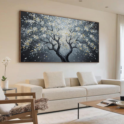 Moonlit Blossom Canvas - Elegant Wall Art - Handmade Acrylic - Luxury Home Decor Anniversary Gift – Gold and Black Floral Wal
