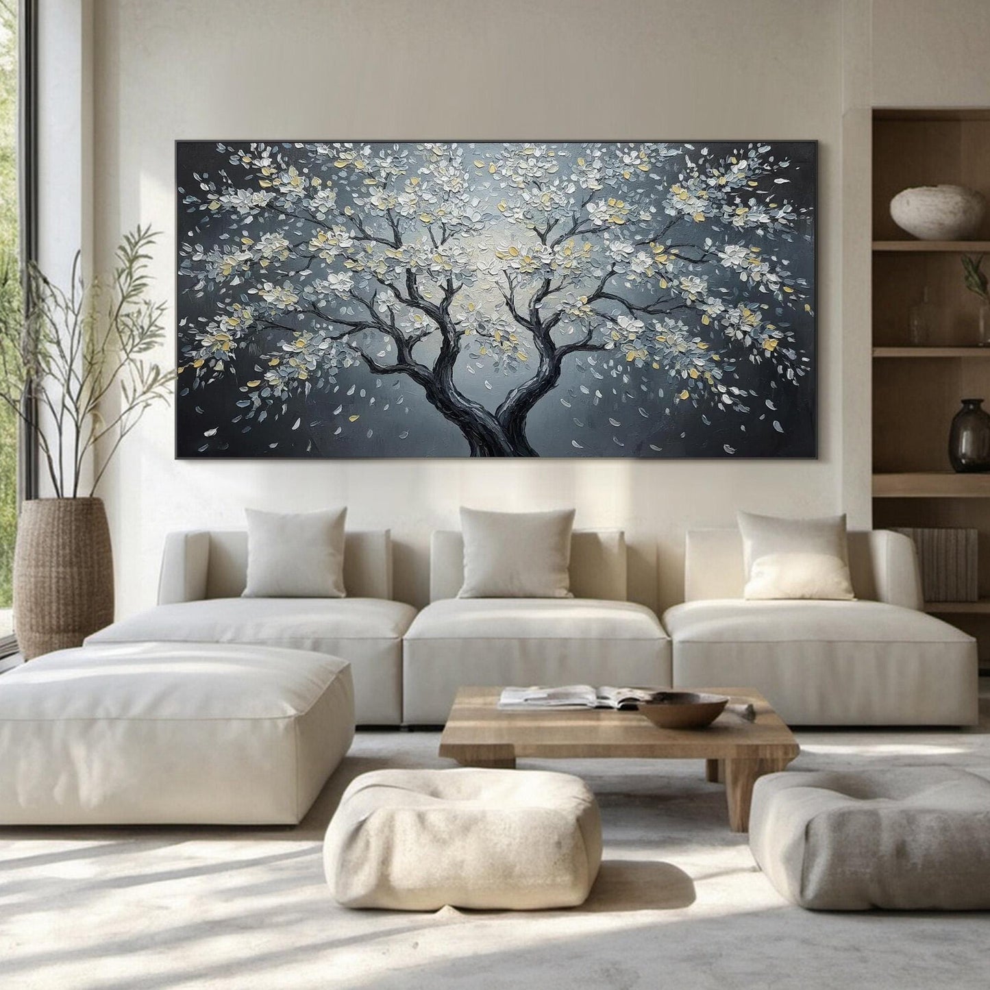 Moonlit Blossom Canvas - Elegant Wall Art - Handmade Acrylic - Luxury Home Decor Anniversary Gift – Gold and Black Floral Wal