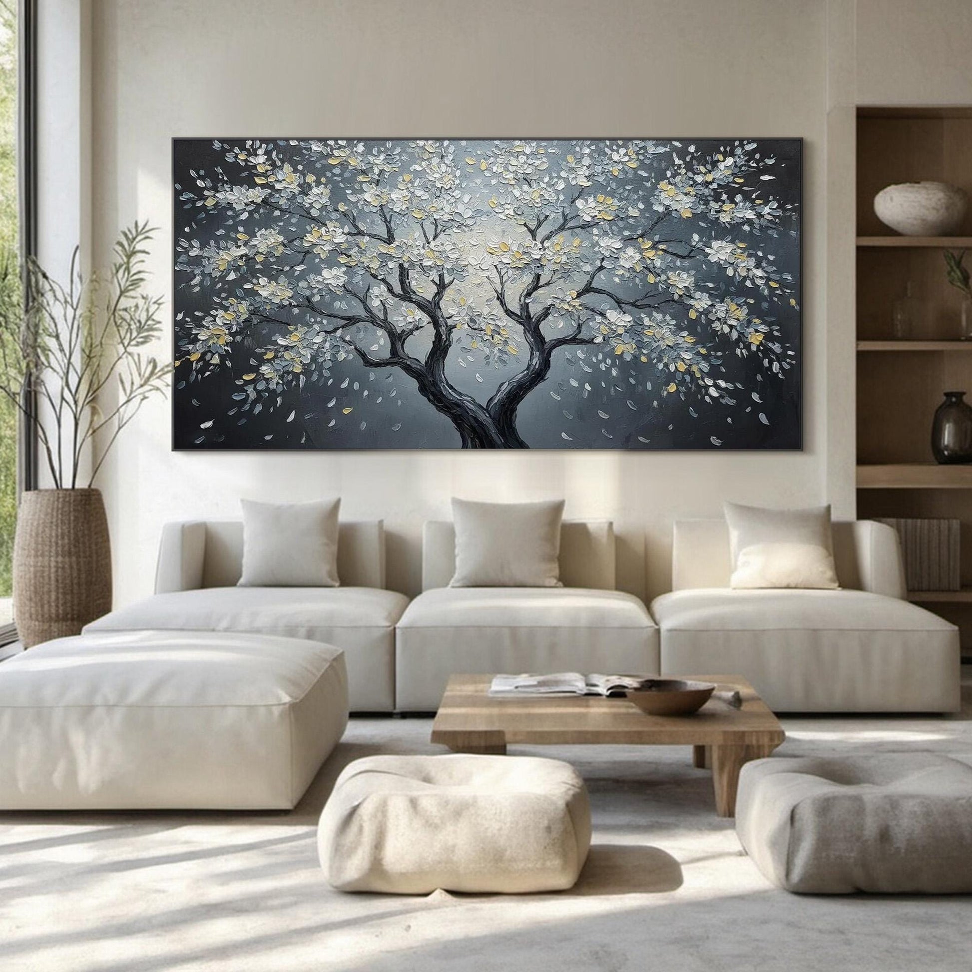 Moonlit Blossom Canvas - Elegant Wall Art - Handmade Acrylic - Luxury Home Decor Anniversary Gift – Gold and Black Floral Wal