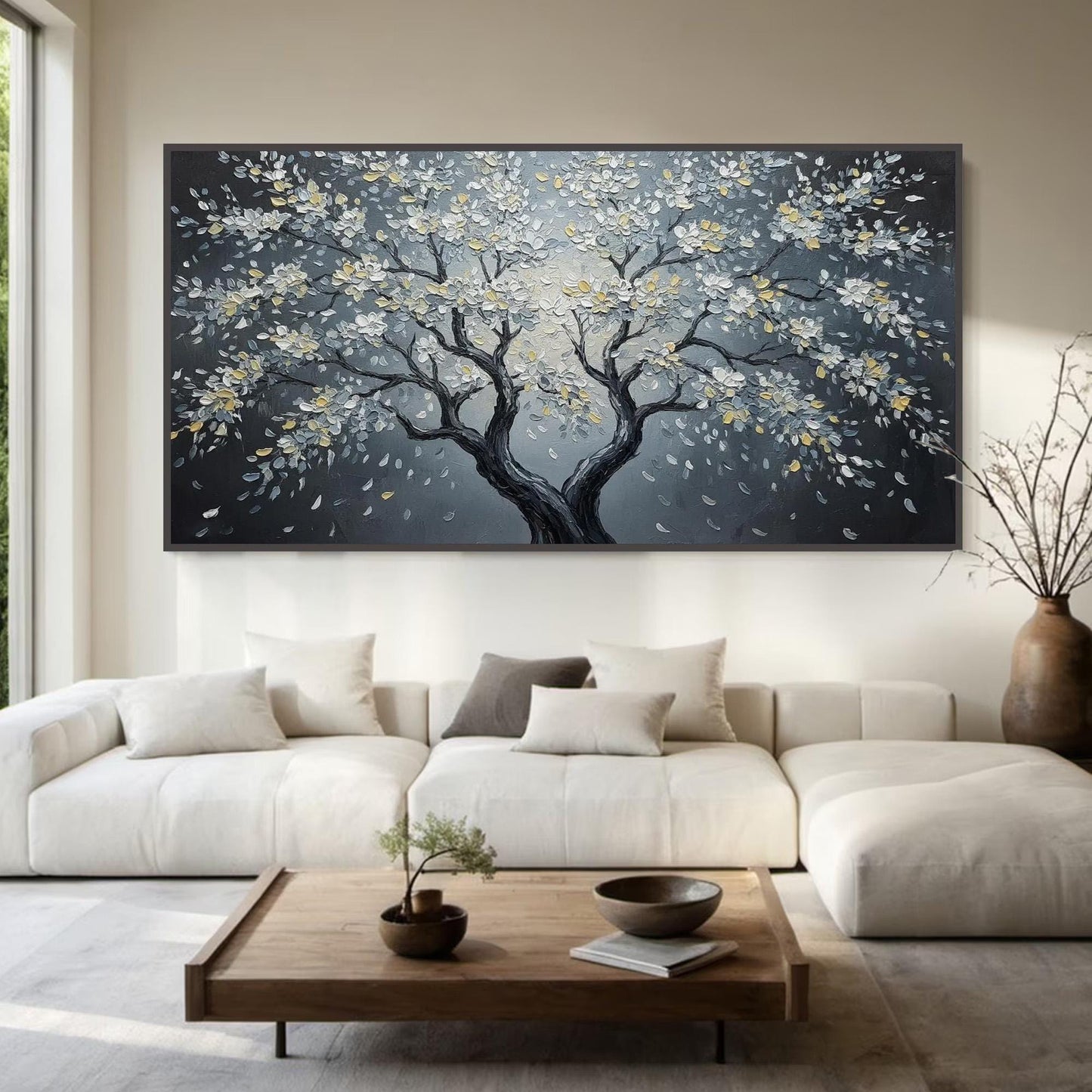 Moonlit Blossom Canvas - Elegant Wall Art - Handmade Acrylic - Luxury Home Decor Anniversary Gift – Gold and Black Floral Wal