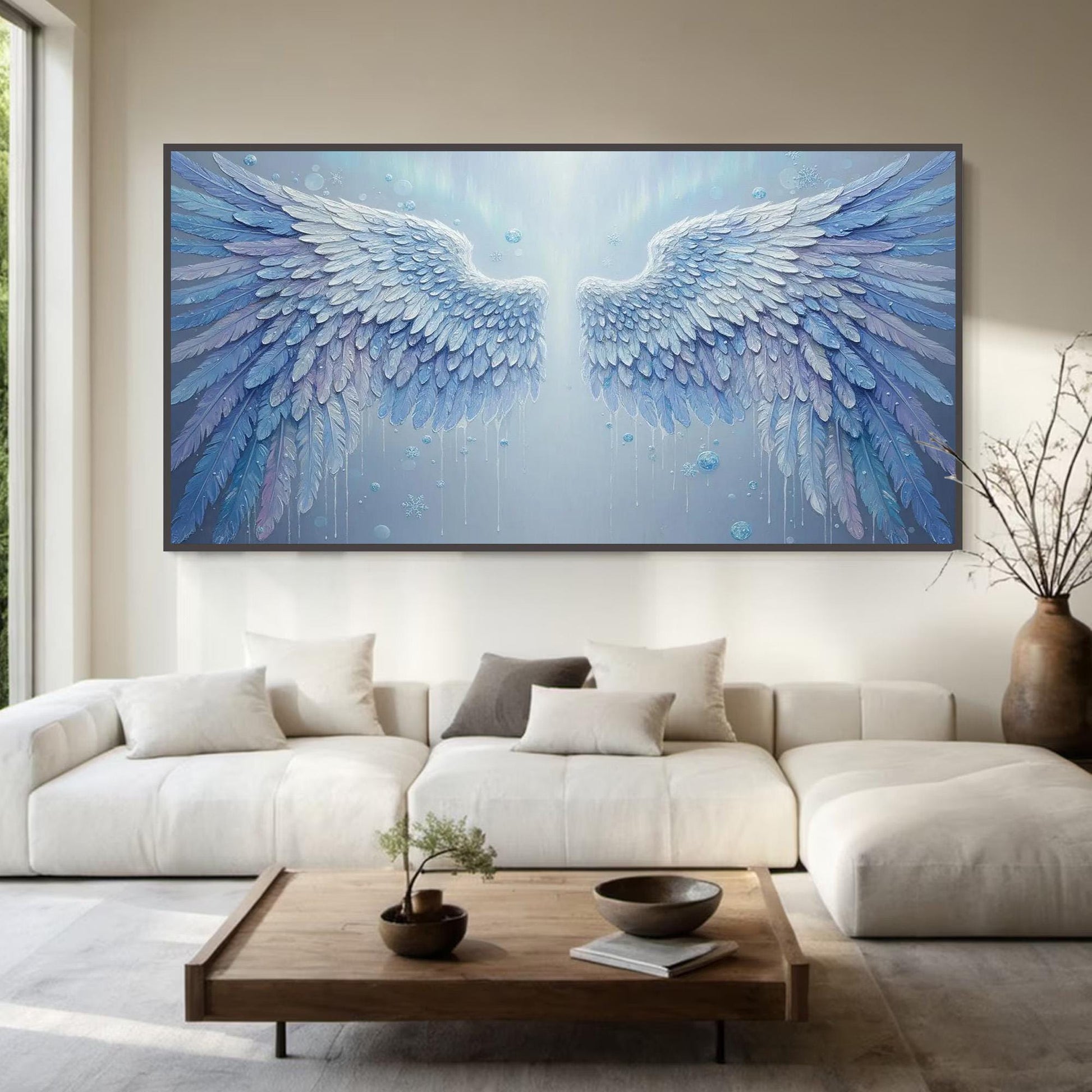 Frozen Angel Canvas Art - Blue Snowflake Wall Decor - Handmade Acrylic - Christmas Holiday Spiritual Gift – Blue Abstract | H