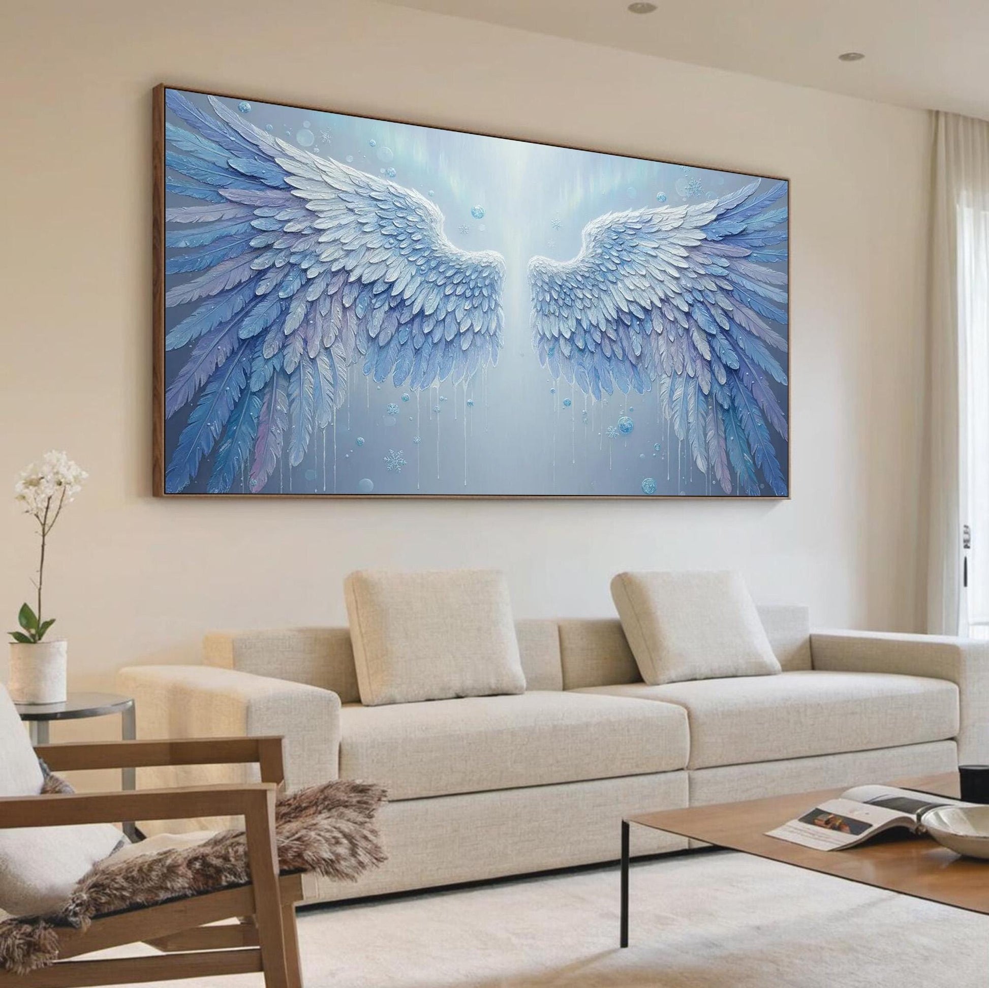 Frozen Angel Canvas Art - Blue Snowflake Wall Decor - Handmade Acrylic - Christmas Holiday Spiritual Gift – Blue Abstract | H