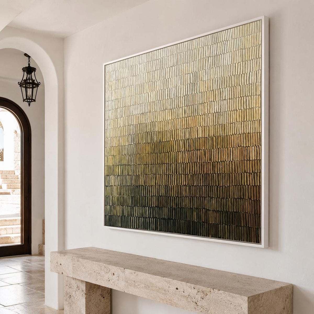 Ivory Olive Abstract Wall Art Fine Line Texture Canvas Painting for Entryway Decor