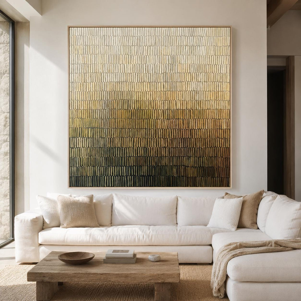 Ivory Olive Abstract Wall Art Fine Line Texture Canvas Painting for Entryway Decor