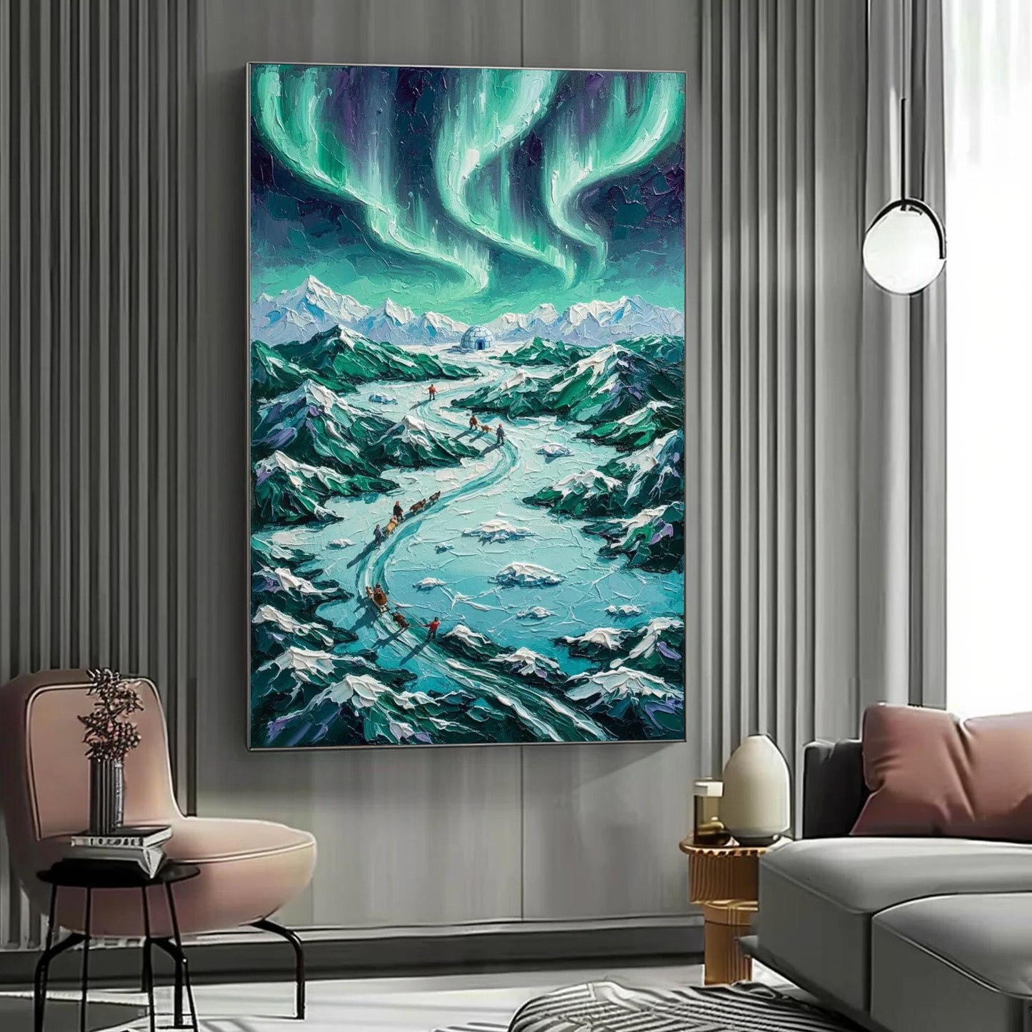 Turquoise and Emerald Impasto Dog Animal Wall Art – Northern Lights Dog Sled Canvas - Handmade Acrylic - Winter Adventure Wall Decor - Wilderness Home Gift