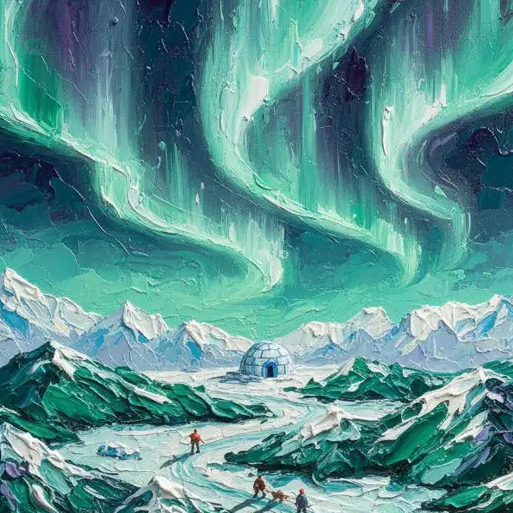 Northern Lights Dog Sled Canvas - Handmade Acrylic - Winter Adventure Wall Decor - Wilderness Home Gift – Turquoise and Emera