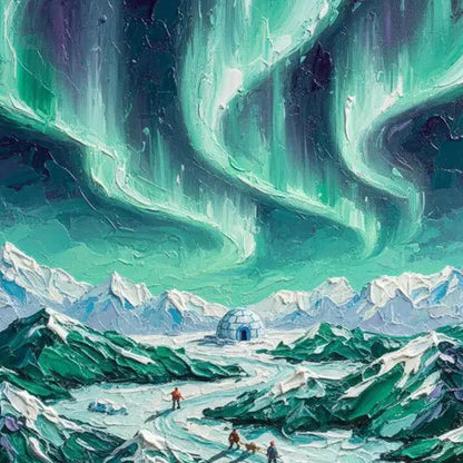 Northern Lights Dog Sled Canvas - Handmade Acrylic - Winter Adventure Wall Decor - Wilderness Home Gift – Turquoise and Emera
