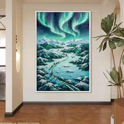 Northern Lights Dog Sled Canvas - Handmade Acrylic - Winter Adventure Wall Decor - Wilderness Home Gift – Turquoise and Emera