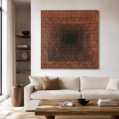 Terracotta Abstract Wall Art Dark Center Fine Line Canvas Painting for Dining Room