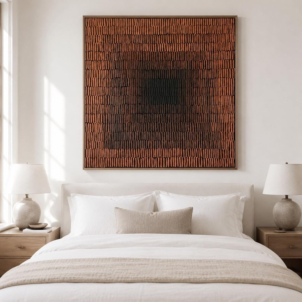 Terracotta Abstract Wall Art Dark Center Fine Line Canvas Painting for Dining Room
