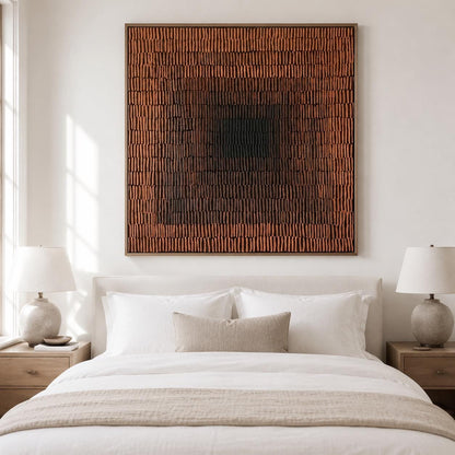 Terracotta Abstract Wall Art Dark Center Fine Line Canvas Painting for Dining Room