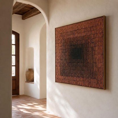 Terracotta Abstract Wall Art Dark Center Fine Line Canvas Painting for Dining Room