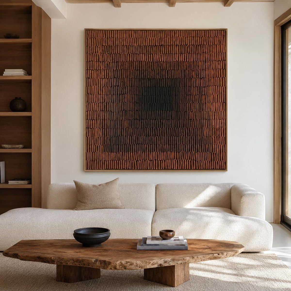 Terracotta Abstract Wall Art Dark Center Fine Line Canvas Painting for Dining Room