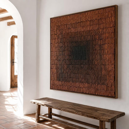 Terracotta Abstract Wall Art Dark Center Fine Line Canvas Painting for Dining Room