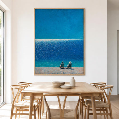 Seated Figures Ocean View Wall Art Deep Blue Canvas Painting for Coastal Bedroom Decor