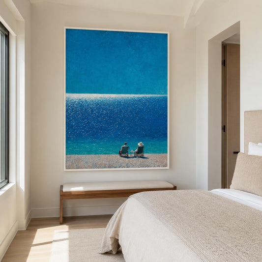 Seated Figures Ocean View Wall Art Deep Blue Canvas Painting for Coastal Bedroom Decor