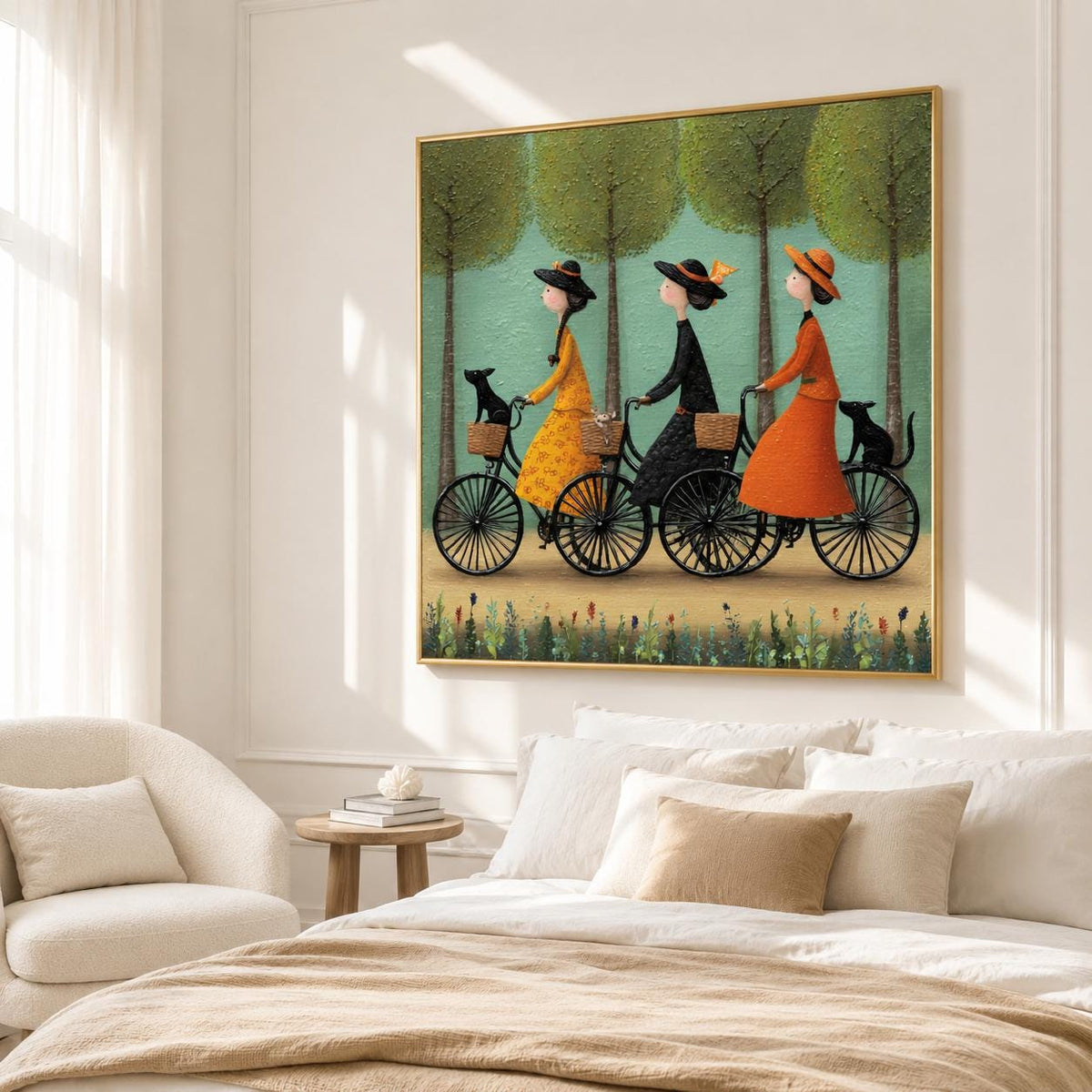 Bicycle Wall Art Vintage Folk Women With Pets Canvas Painting for Entryway Decor